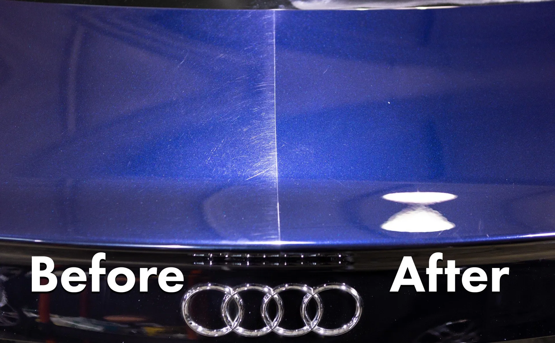Audi trunk lid before and after paint correction at Metropolitan Detail
