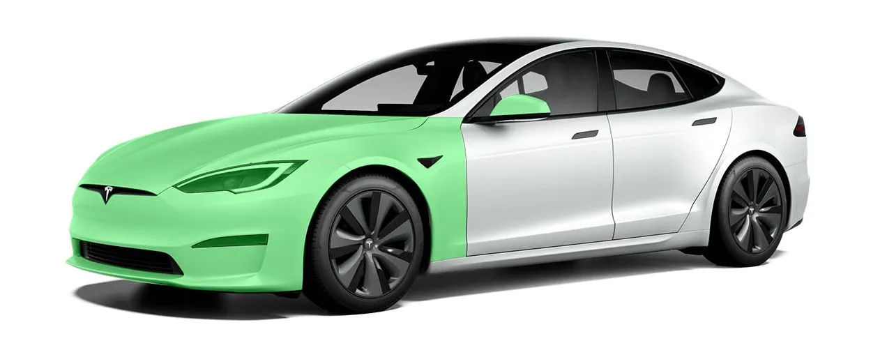 Full front coverage highlighted on a Tesla Model S