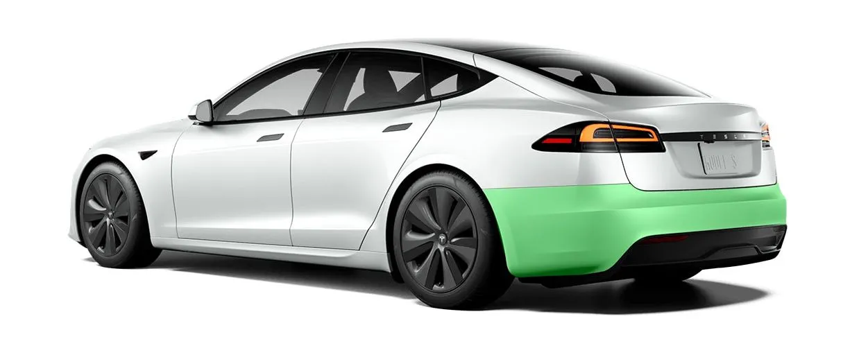 Rear bumper coverage highlighted on a Tesla Model S